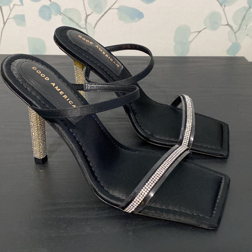 Good American Black Satin Rhinestone Heel Square Toe Pumps Size 8.5